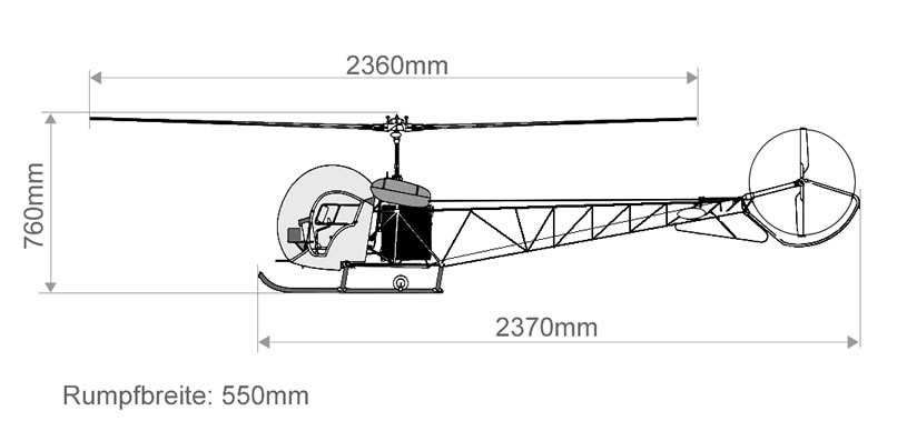 Bell 47G III Abmessungen Scale Modell, Höhe: 760mm, Breite: 550mm, Länge: 2370mm, Rotorkreisdurchmesser: 2360mm